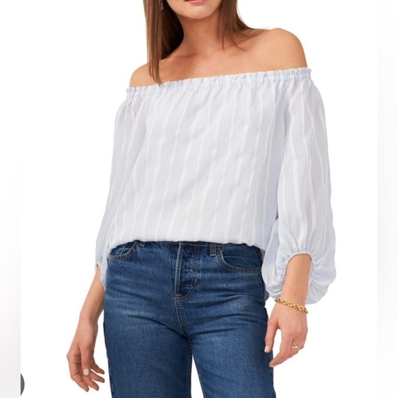 Vince Camuto Tops - VINCE CAMUTO Striped Balloon-Sleeve Off-The-Shoulder Top
